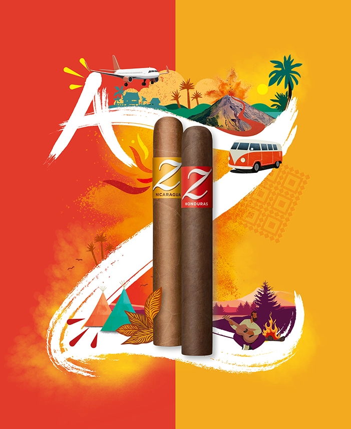 Zino Cigars Key Visual mit einem schwarz-gelben Hintergrund und einem grossen Z, auf dem verschiedene grafische Elemente abgebildet sind. 