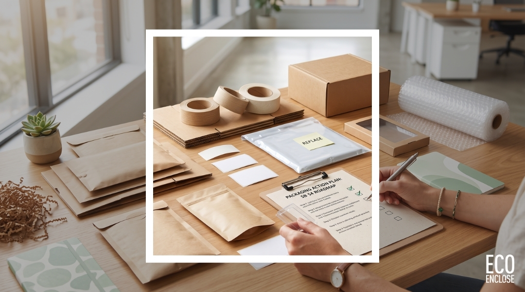 A workspace with stationery, notebooks, and decorative items on a wooden table.
