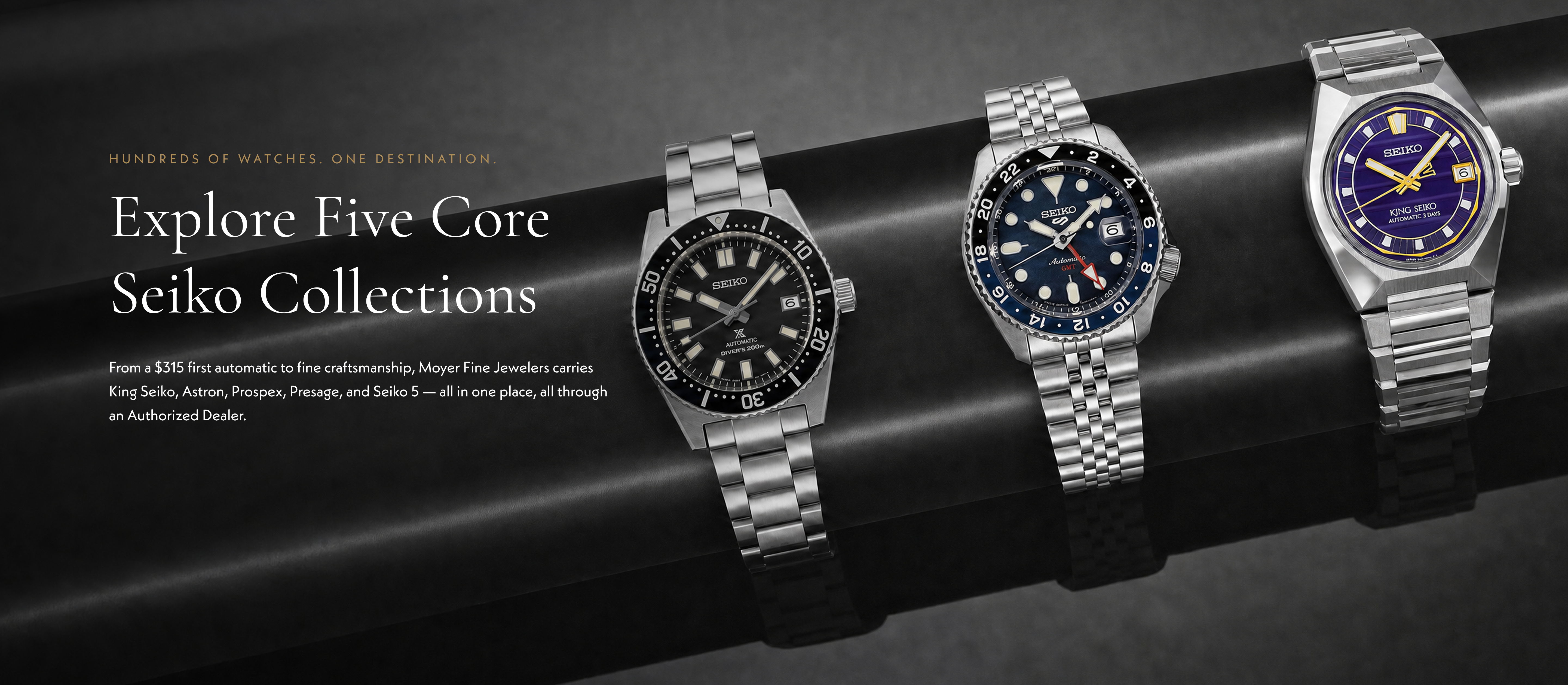 Three stylish watches displayed on a dark surface with promotional text.