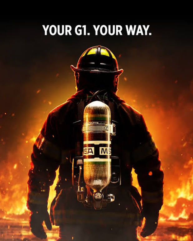 Firefighter facing flames with the text 