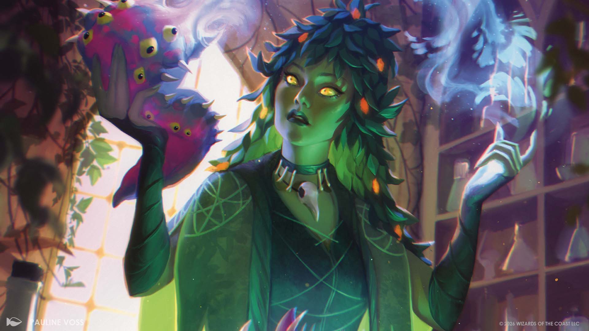 Magic: The Gathering formats guide - A mystical figure with green skin, holding magical creatures and emitting smoke.
