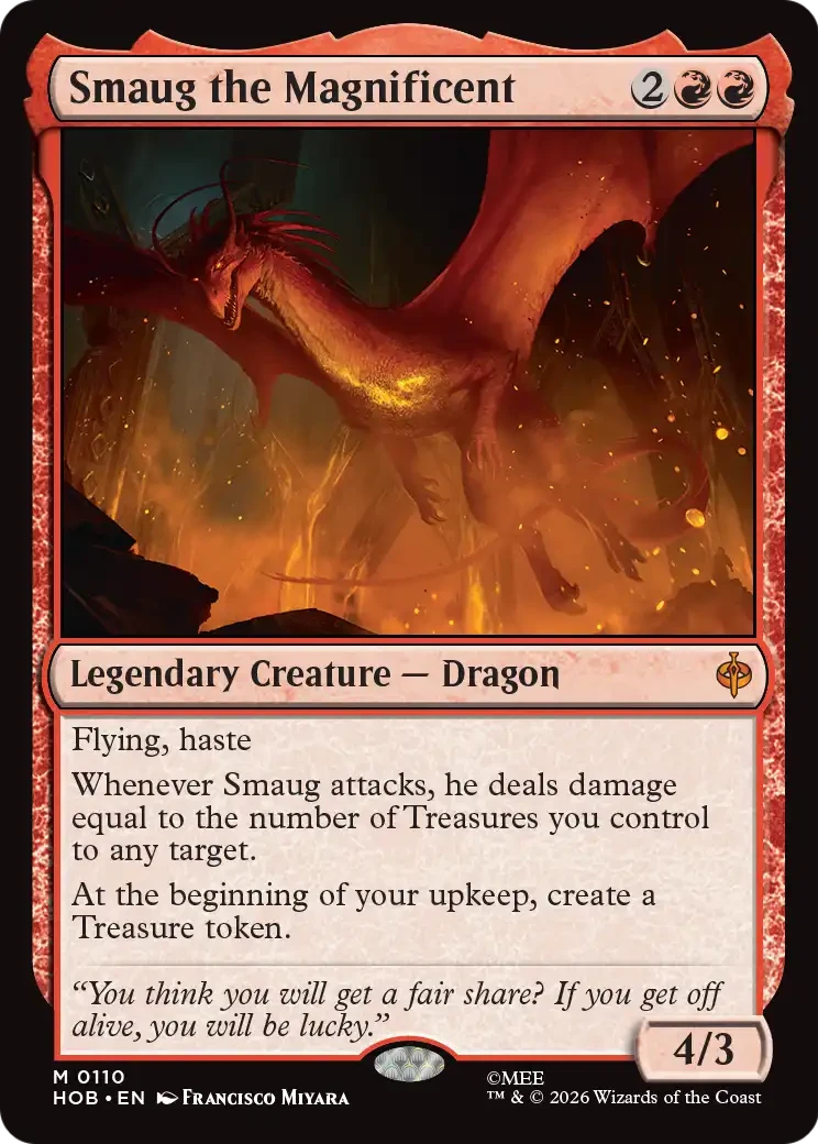 mtg the hobbit set list - Card featuring Smaug the Magnificent, a red dragon with abilities.
