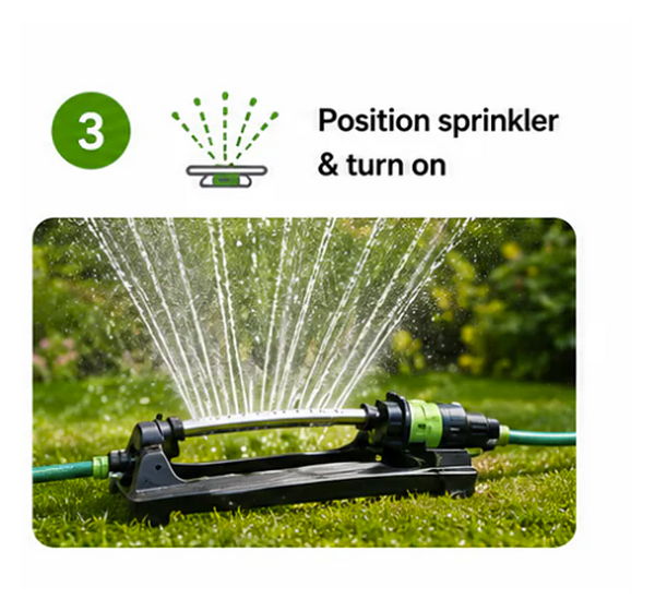 Position sprinkler and turn on. Step 3 in watering instructions.