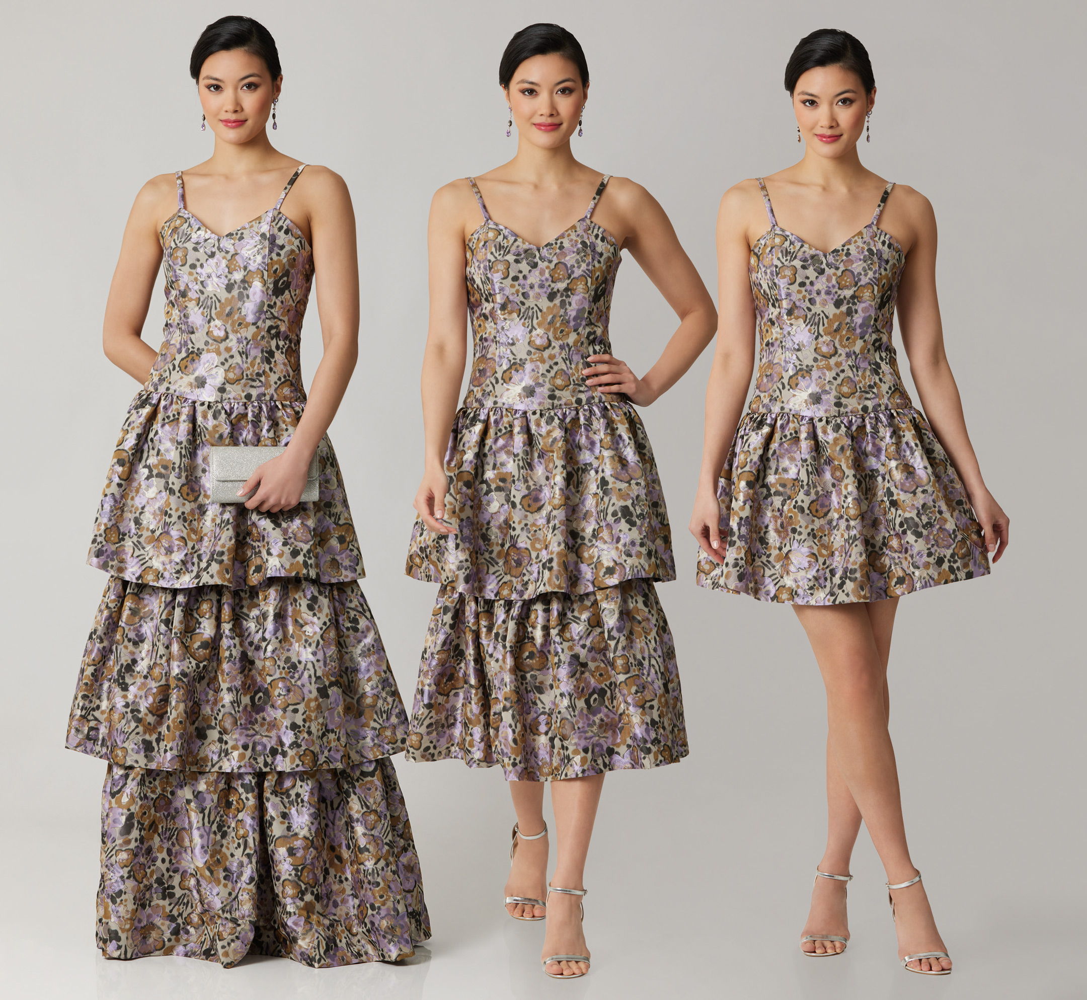 Three women modeling a floral-patterned dress in different lengths and styles.