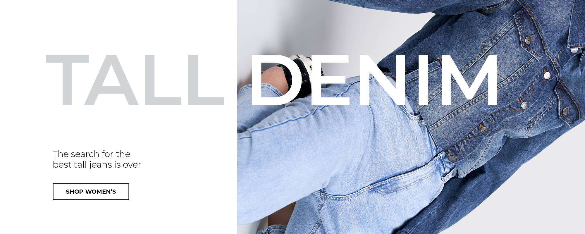 A tall woman wearing a denim jacket and jeans stretching, Shop Tall Denim for Women from American Tall.