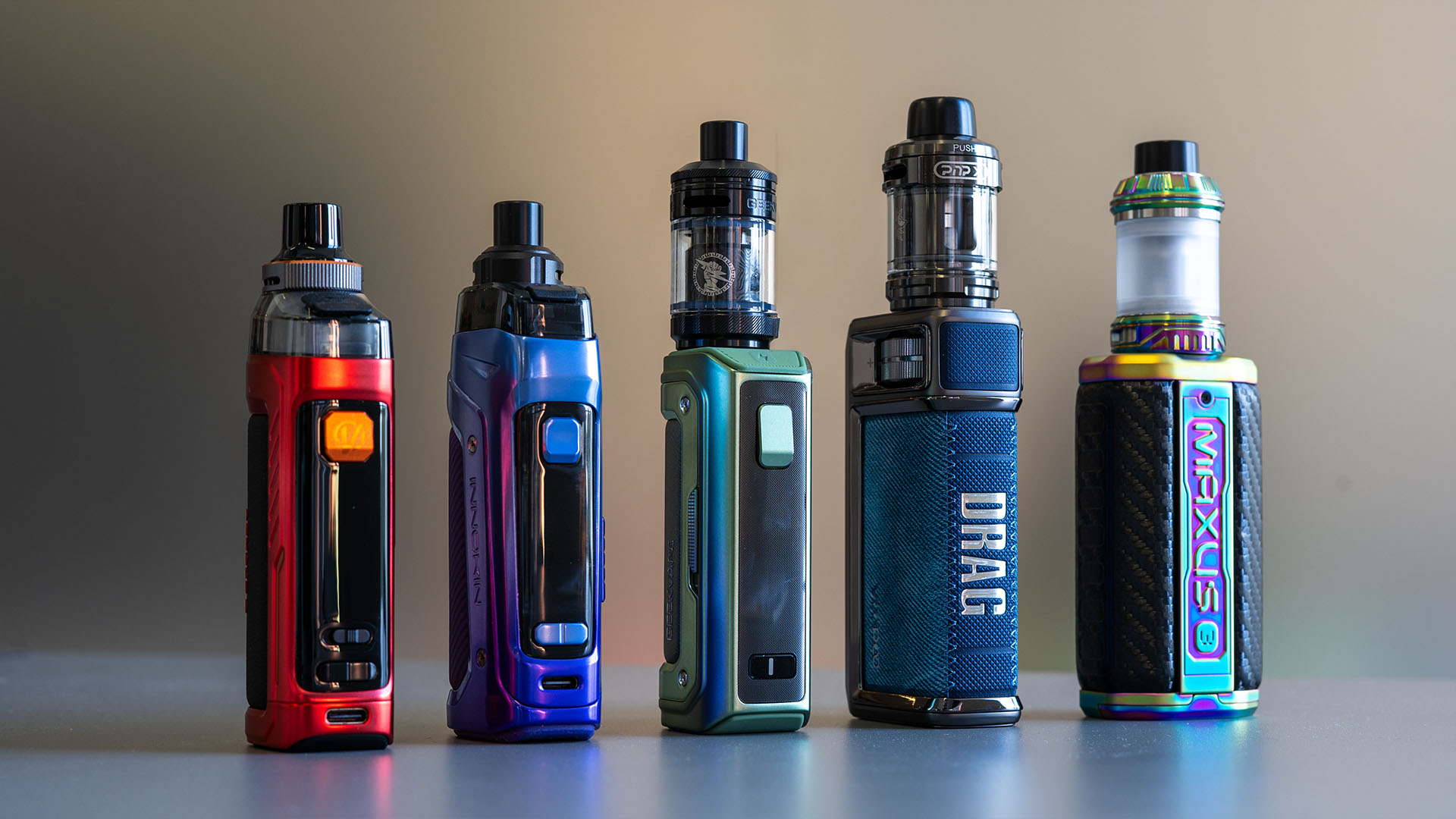 A row of sub-ohm vape kits