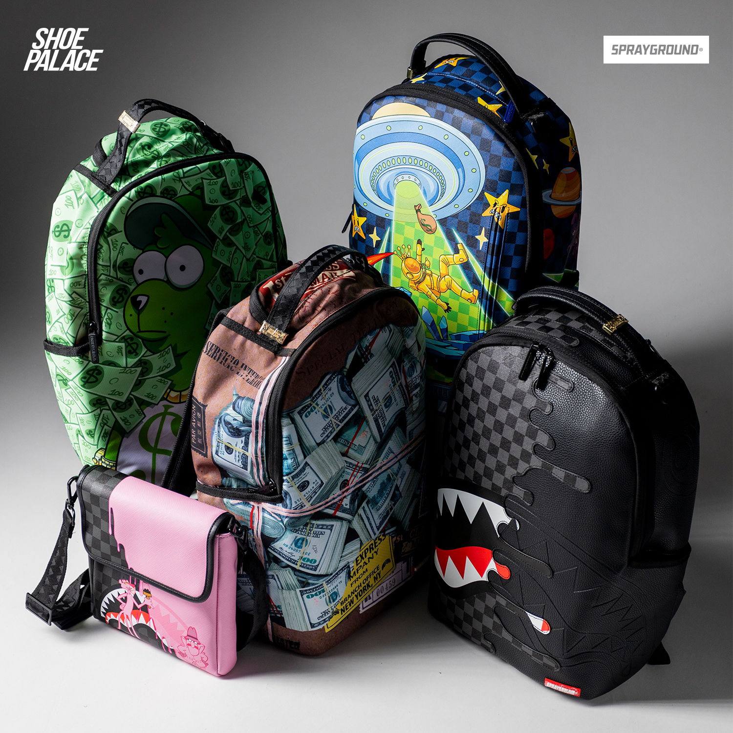 Five colorful backpacks displayed on a gray background.