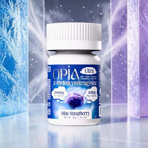 Bottle of Opia dietary supplement in blue packaging with raspberry flavor.