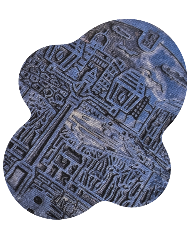 Close-up of a printed photo on fabric of a man-hole featuring a carved relief design with intricate line detail.