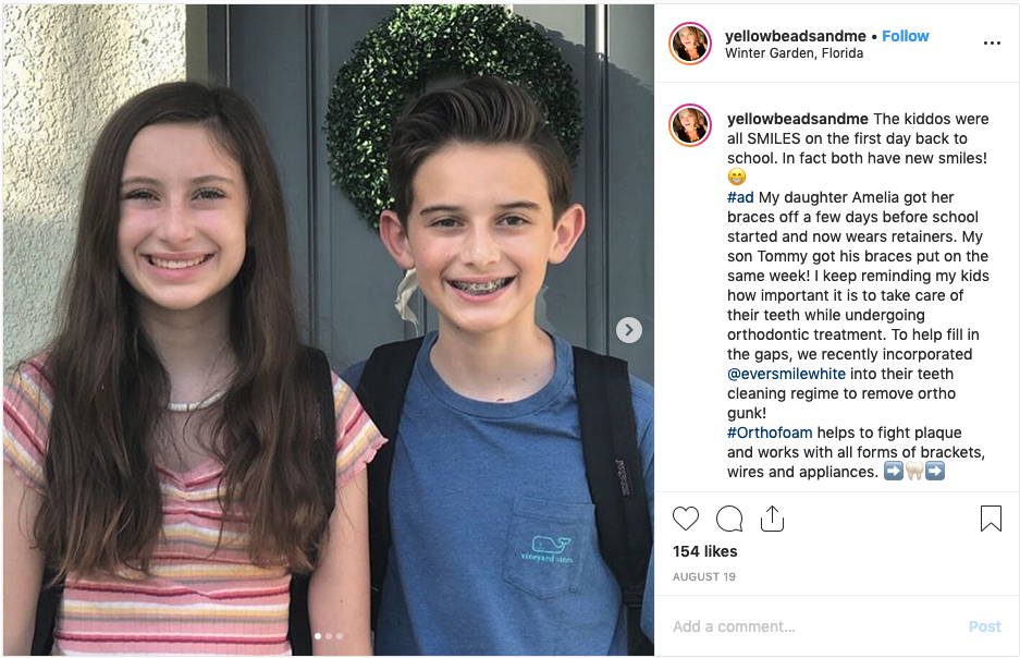 A screenshot of an instagram post featuring two tween kids, brother and sister, smiling in braces for their first day of school