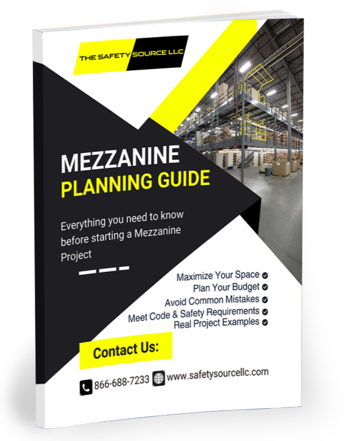 Mezzanine Planning Guide book cover with industrial background and contact information.