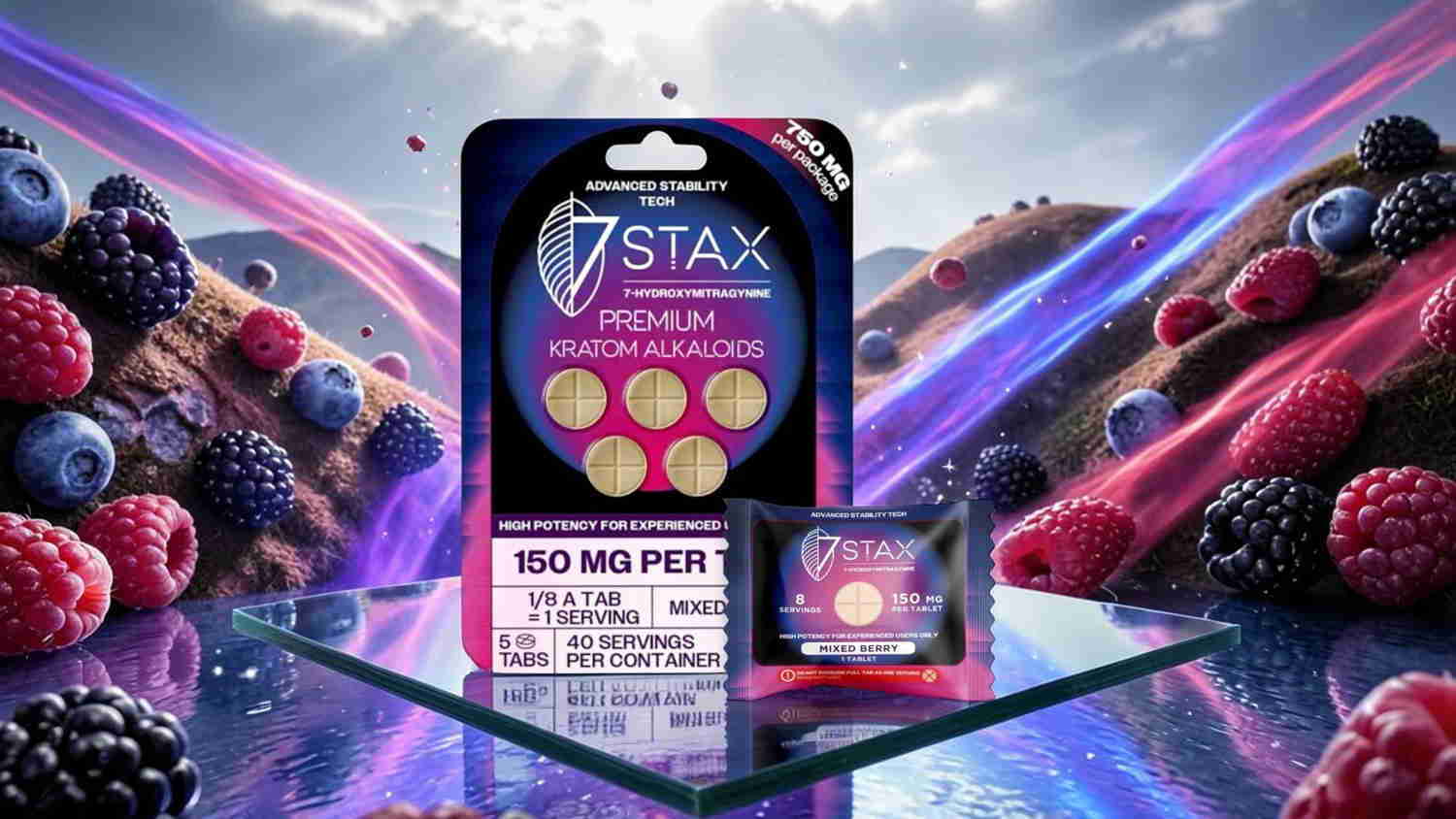 Product packaging with colorful design and berries in the background.