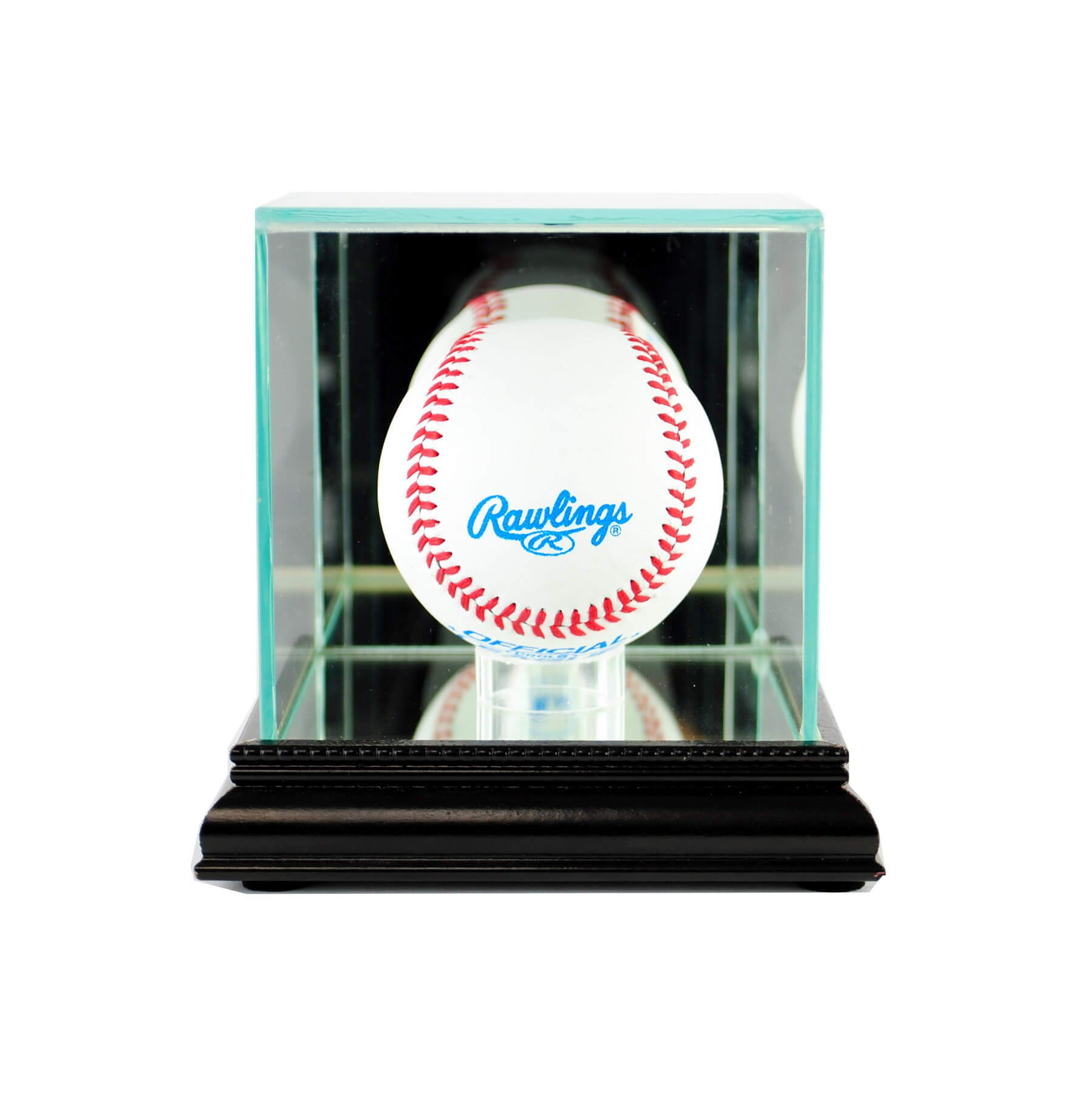 Baseball displayed in a glass case on a black base.