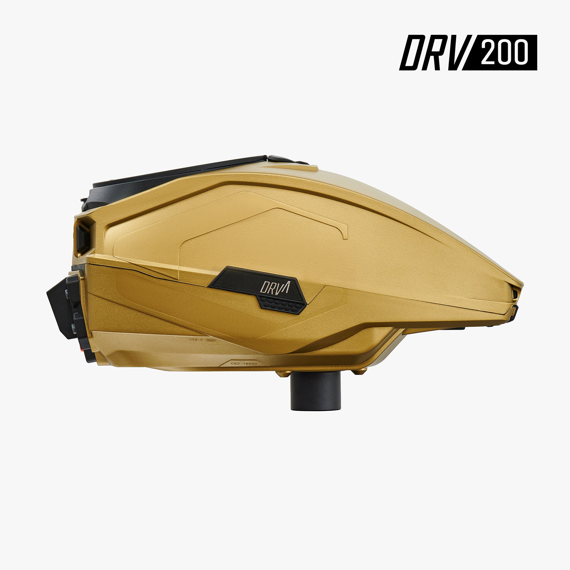 Gold paintball loader with a sleek design and DRV200 branding.