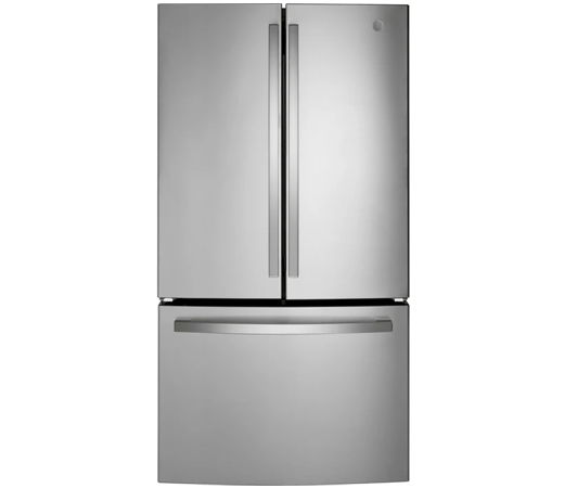 Stainless steel refrigerator with double doors and bottom freezer.