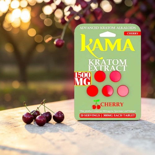 Kama Kratom Extract packaging with cherry flavor and cherries in the foreground.