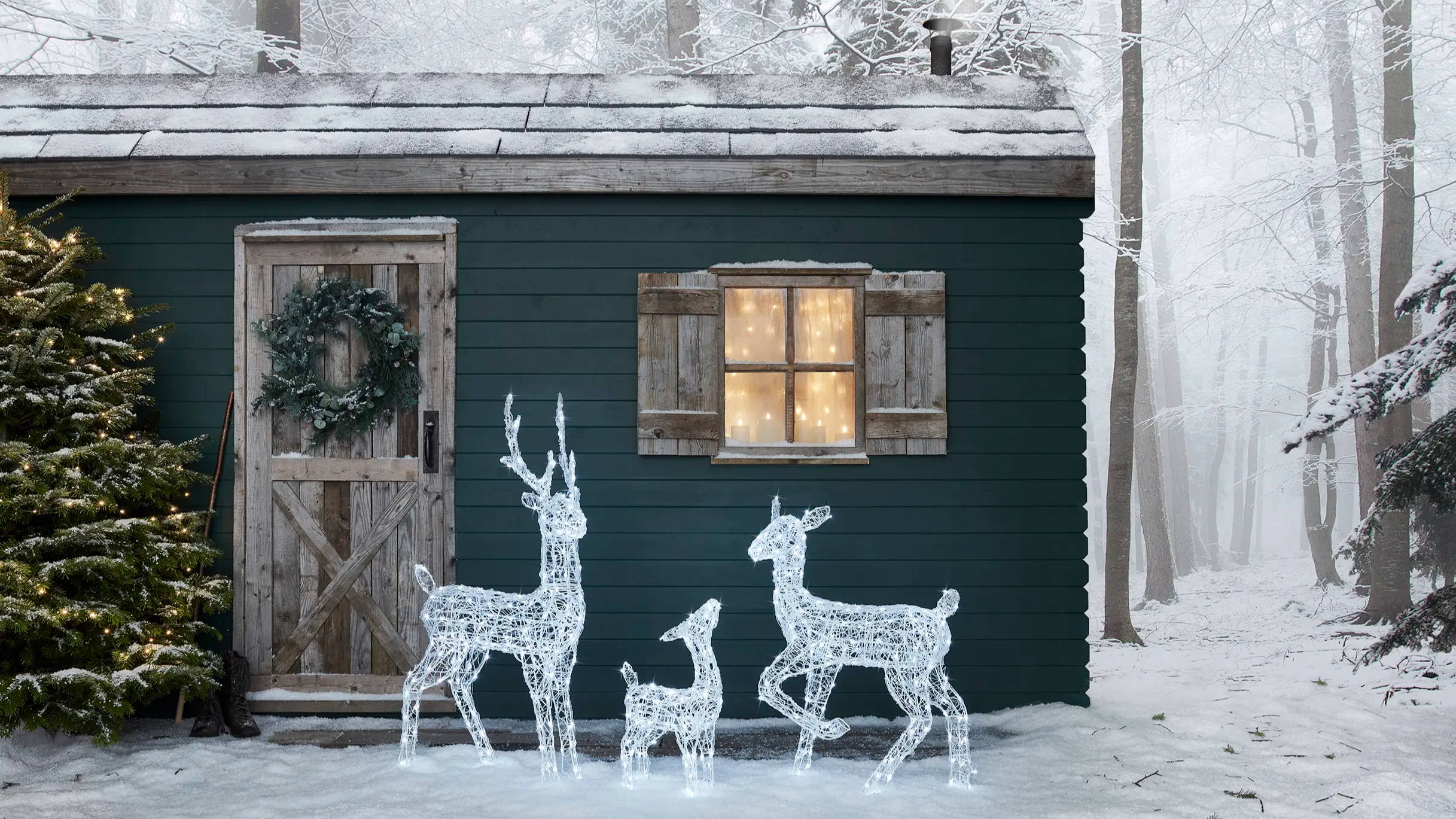 Family of white acrylic reindeer in a snowy setting in front of a blue home.