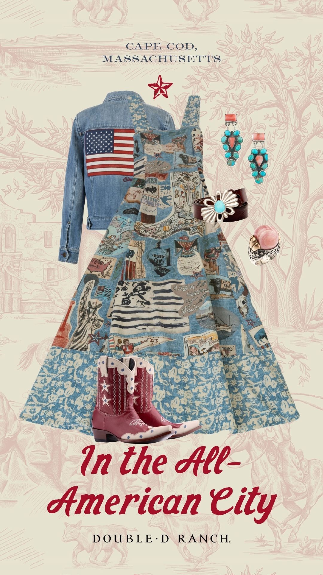 The Sea to Shining Sea Apron Dress with the Old Glory and Grit Jacket, Star Spangles Boots, and Double D Ranch accessories.