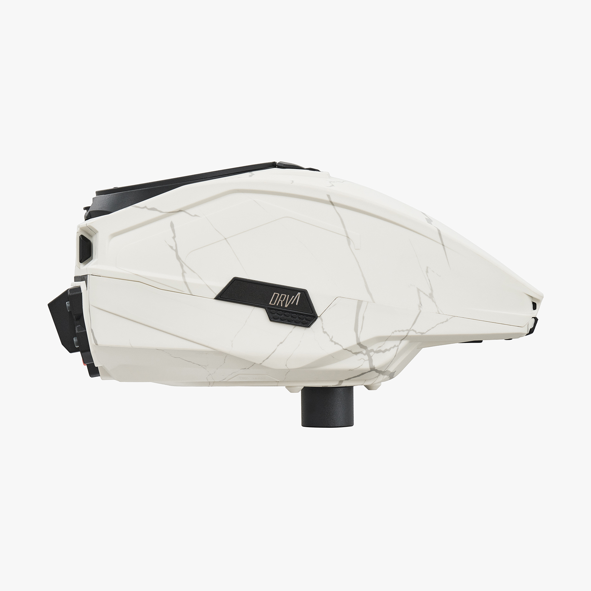 White paintball hopper with angular design and black accents.