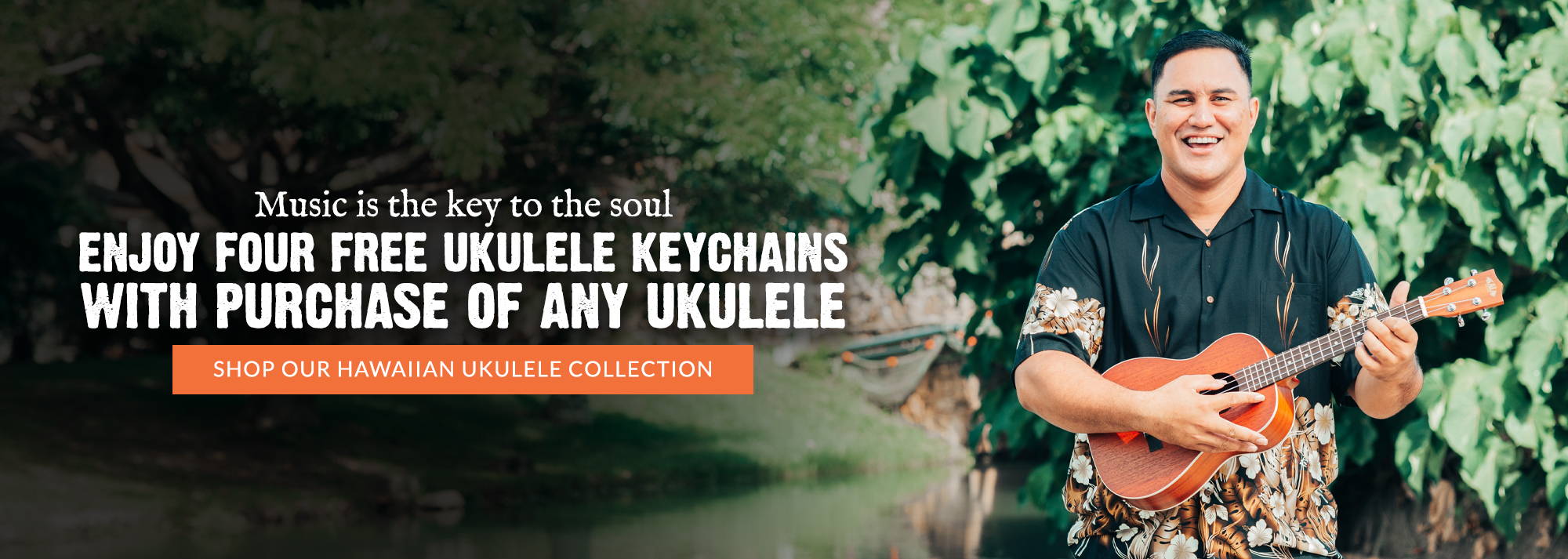 Enjoy a free gift with purchase of any ukulele. Music is key, so carry the key with you! Free ukulele keychain with purchase of any ukulele