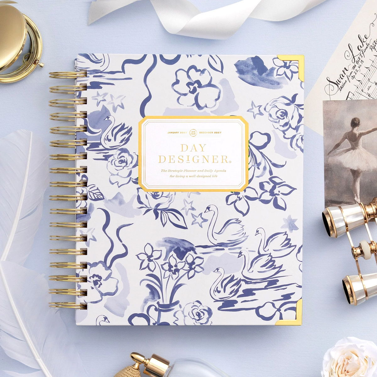 2027 day designer planner featuring swans and ribbons