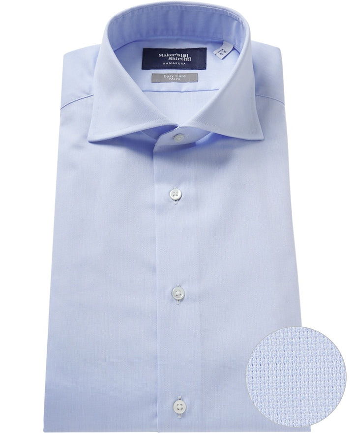 Light blue dress shirt with a pointed collar and button closure.