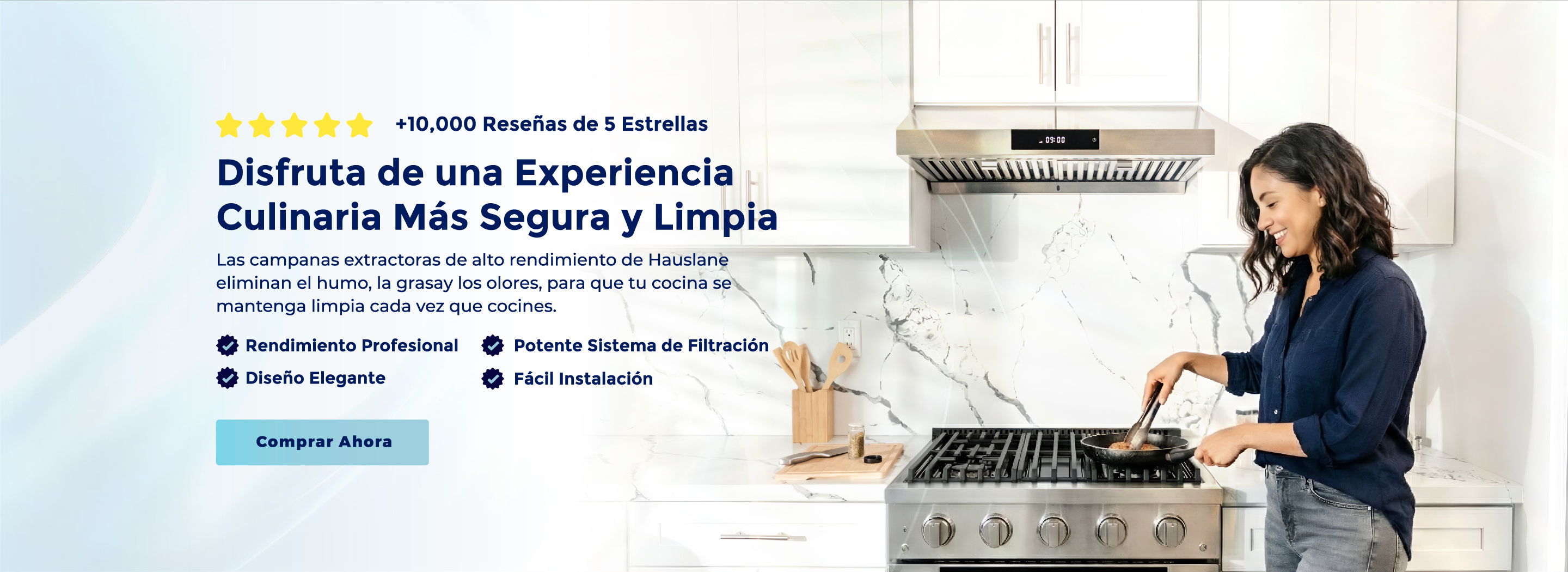+10,000 Reseñas de 5 Estrellas. Disfruta de una Experiencia Culinaria Más Segura y Limpia. Las campanas extractoras de alto rendimiento de Hauslane eliminan el humo, la grasa y los olores, para que tu cocina se mantenga limpia cada vez que cocines. Rendimiento profesional, Potente sistema de filtración, Diseño elegante, Fácil instalación. Comprar Ahora