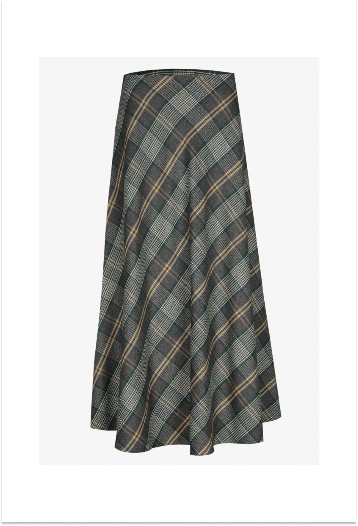 A long plaid skirt in green, gray, and brown tones.