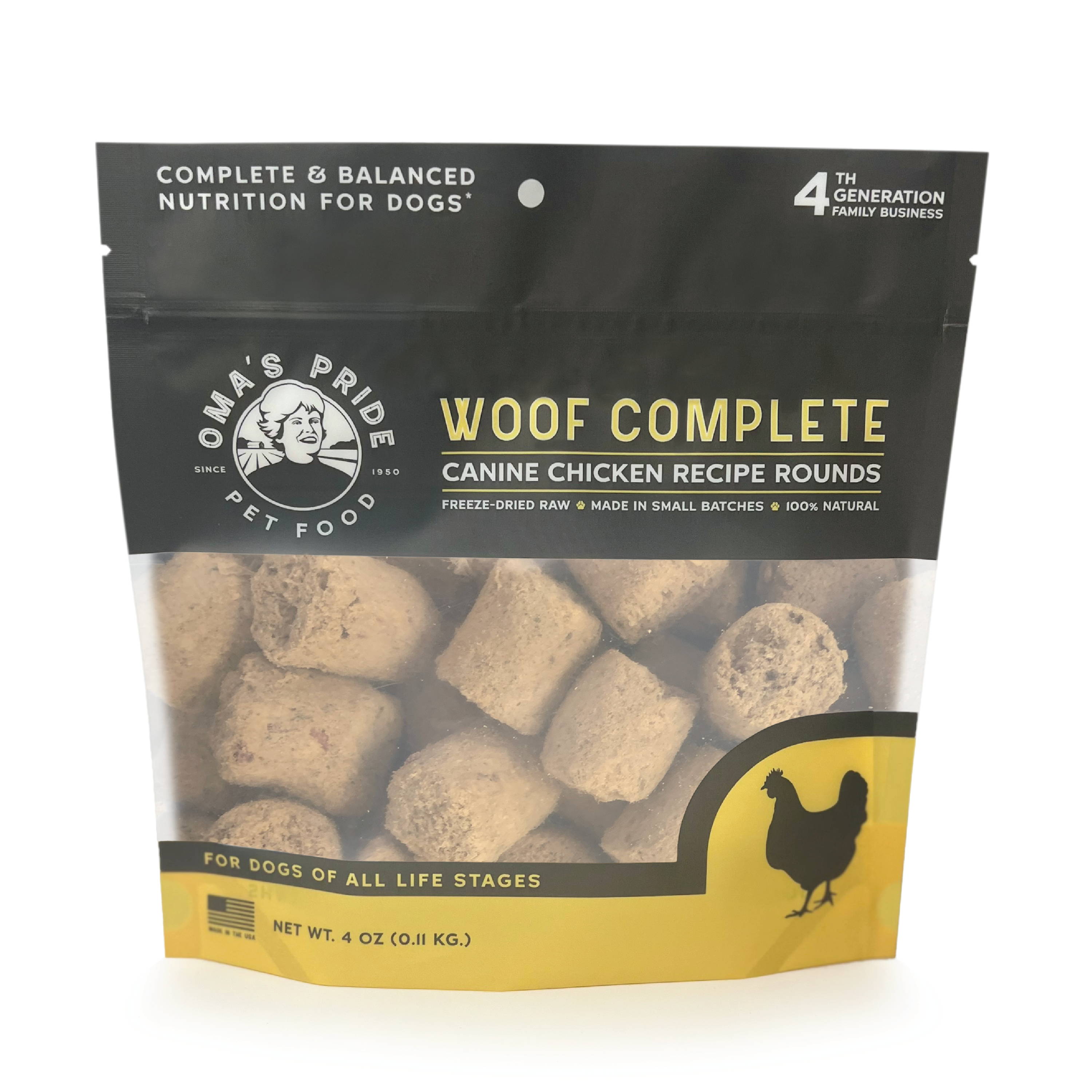 Freeze-dried raw chicken product bag containing chicken hearts for dogs.