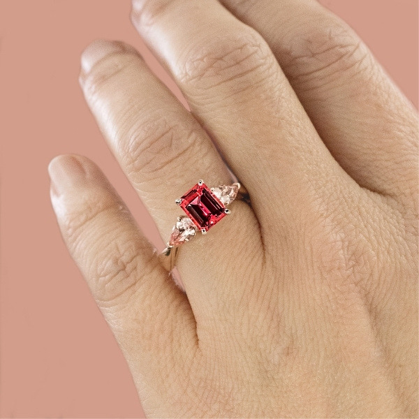 Three stone engagement ring with 1ct radiant cut lab created ruby center stone