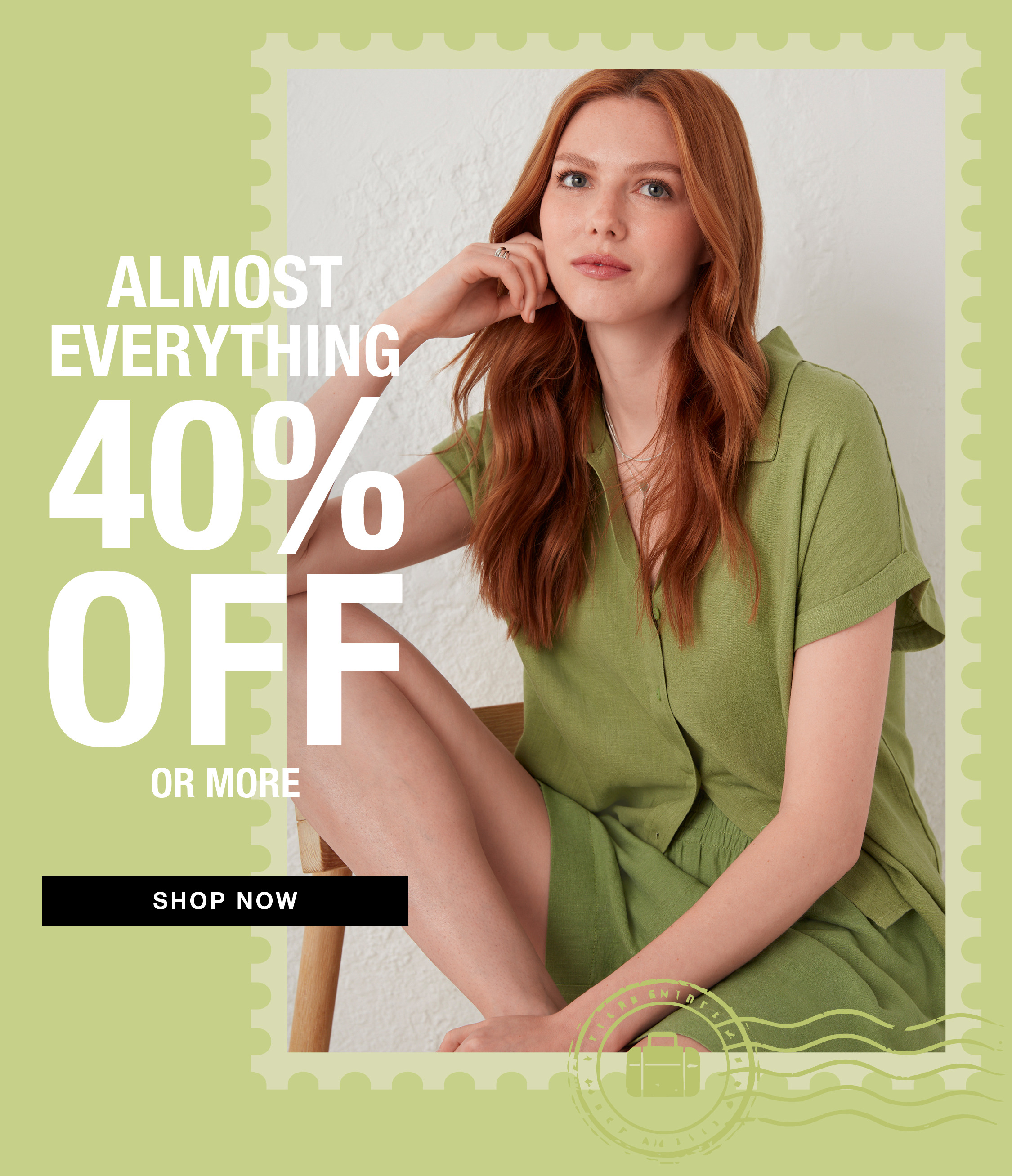 Model in green outfit promoting 40% off sale. Shop now.