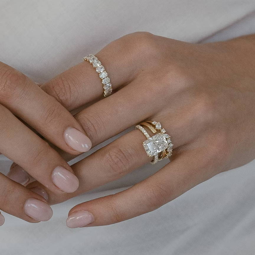 Radiant Cut Ring with Open Spacer and Petals Band