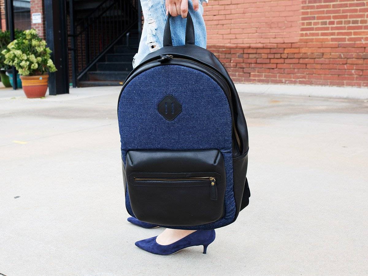 LEATHER AND DENIM BACKPACK CITY - BLACK