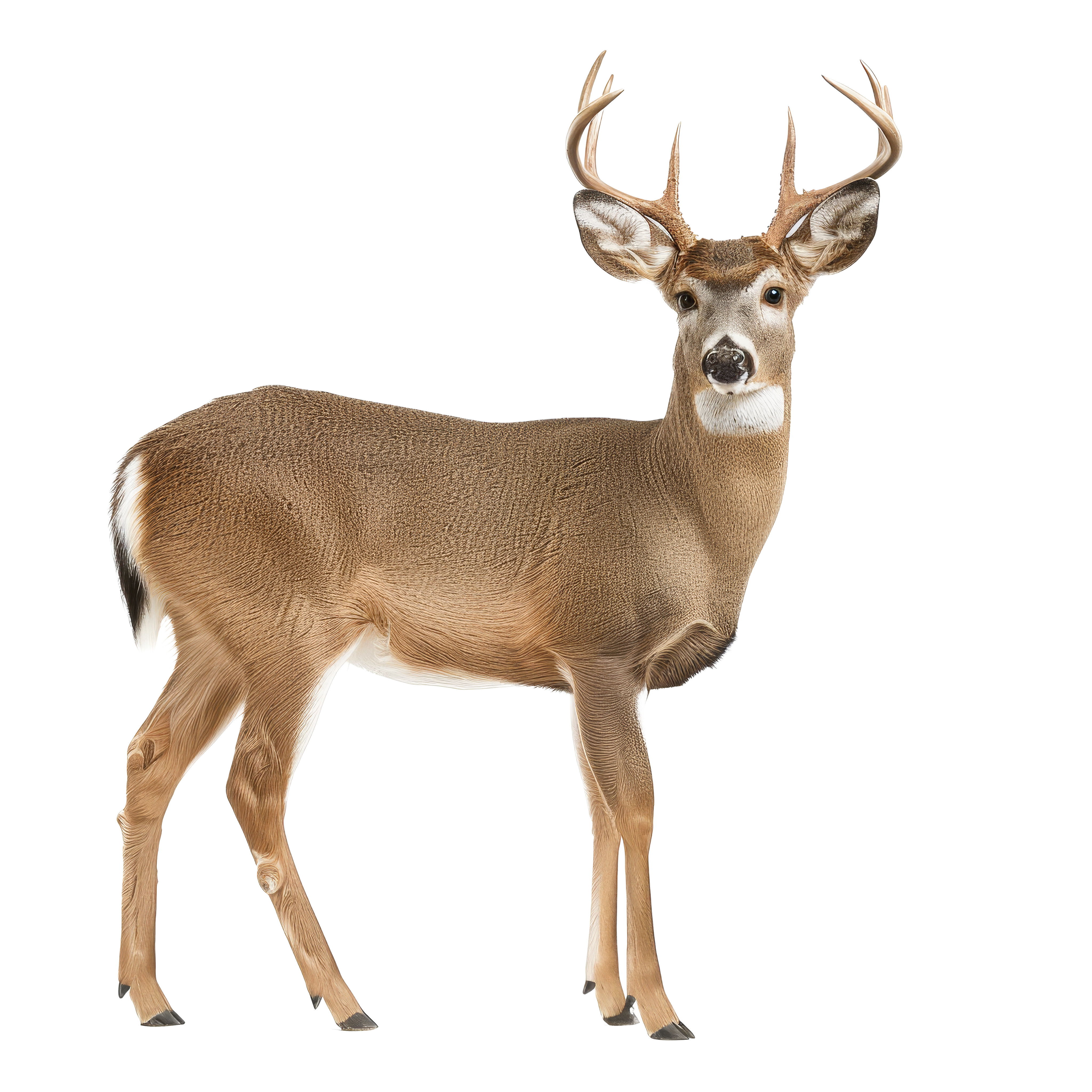 A standing deer with antlers in a natural pose.