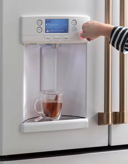 matte white refrigerator with Keurig warm water dispenser