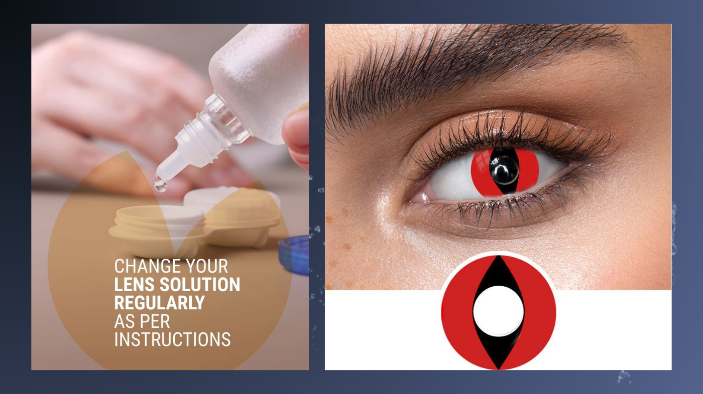 Close-up of contact lens solution drops being placed into a contact lens case, alongside a close-up of an eye wearing red cat-eye cosplay lenses (Eyecandys Cosplay 008 Red Cat Eye) for a dramatic costume look.