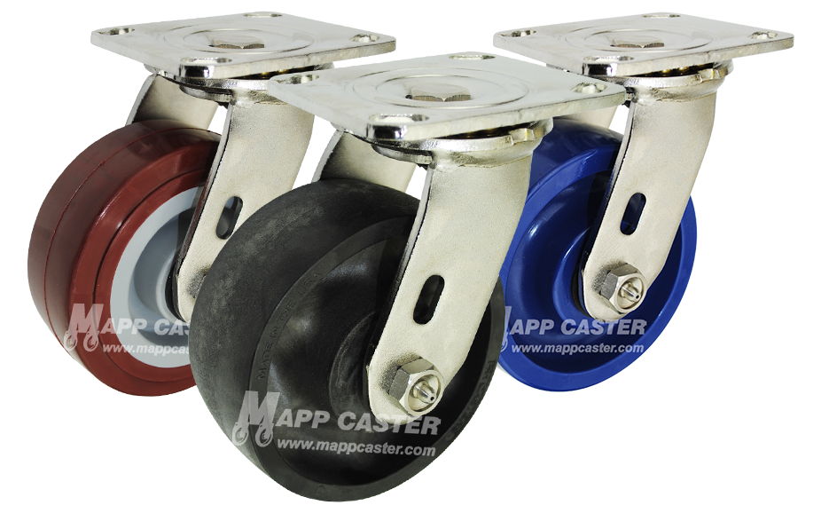 Stainless steel plate casters made to resist water & rust. Designed for wet environments. Long lasting & durable. 