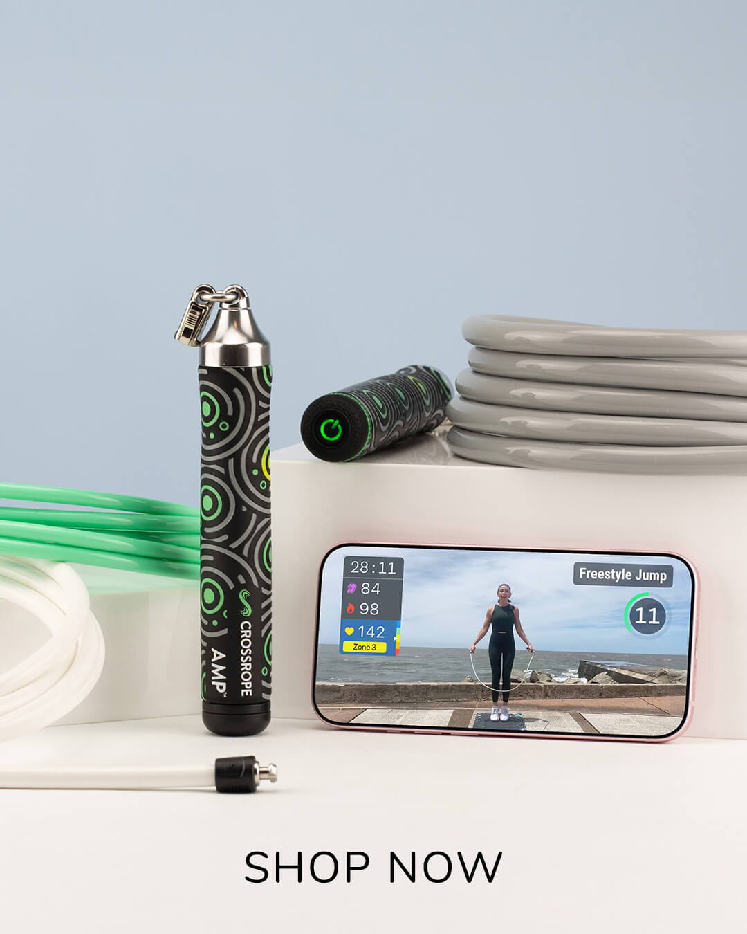AMP jump rope set on a blue background