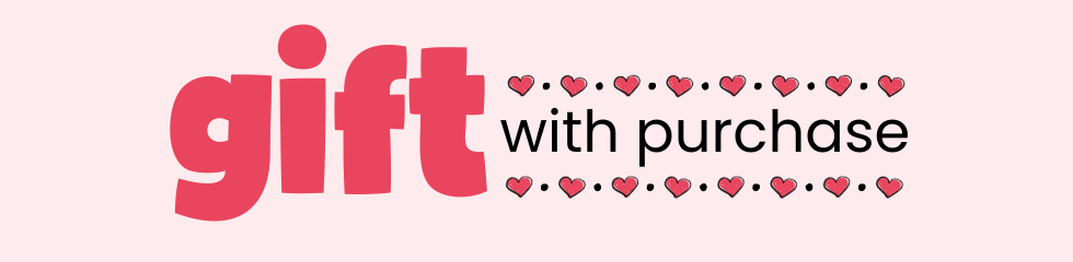 Red and black text against a pink background, surrounded by hearts: 