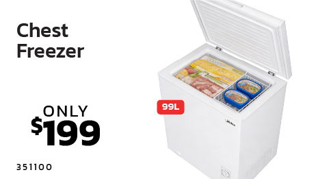 Chest freezer with price tag of $199 and food items inside.