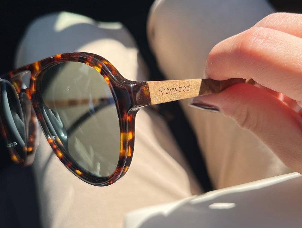 Close up picture of acetate & wood sunglasses