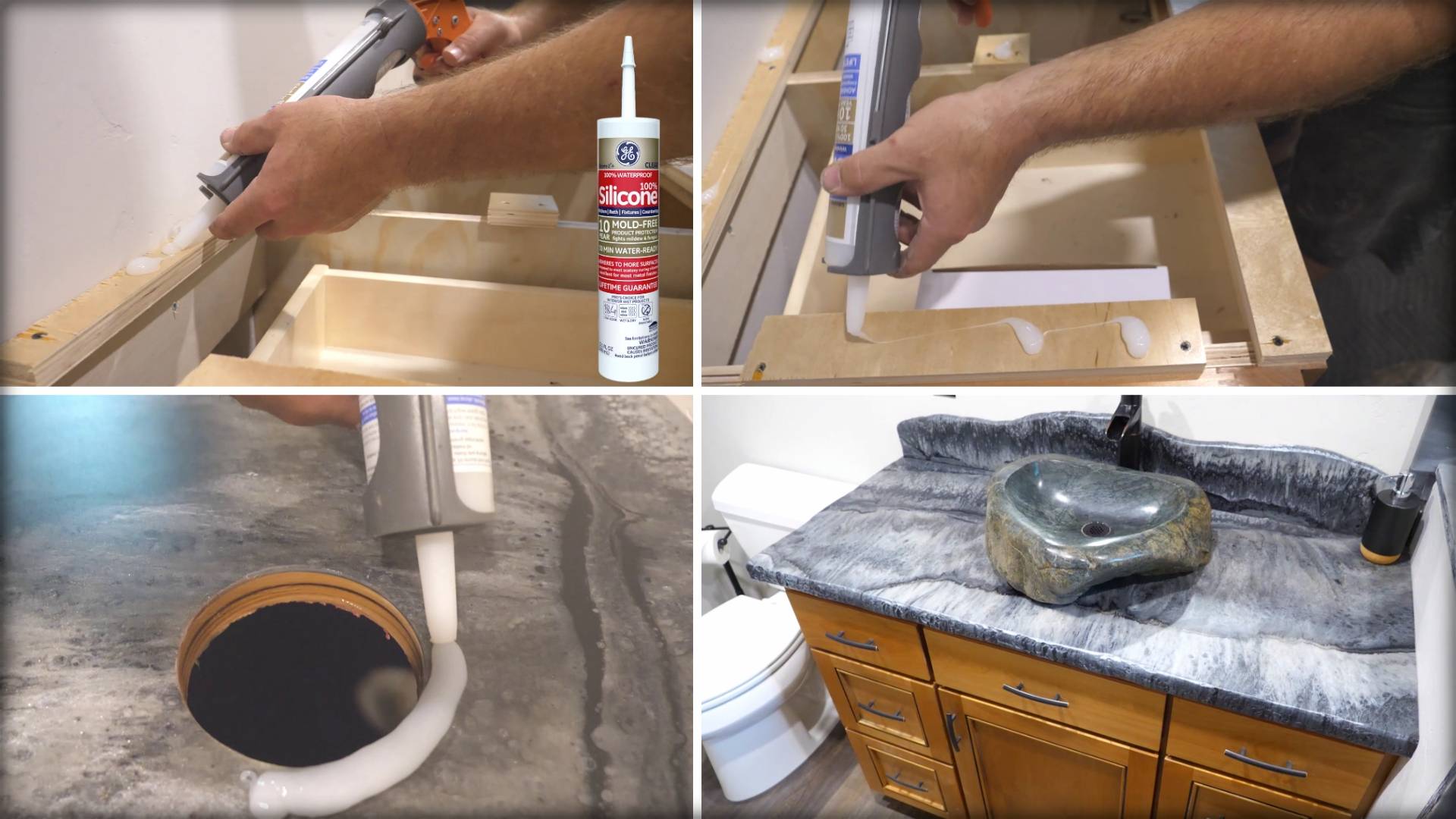 Step 5 of a DIY project: Securing the countertop to build-up strips with silicone