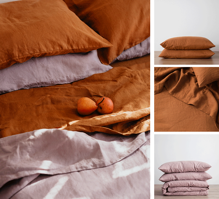 Collection of images featuring Cultiver pillowcases, fitted sheet and flat sheet in Cedar and a Duvet set in Dusk