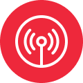 Icon of a signal tower with radiating waves on a red background.