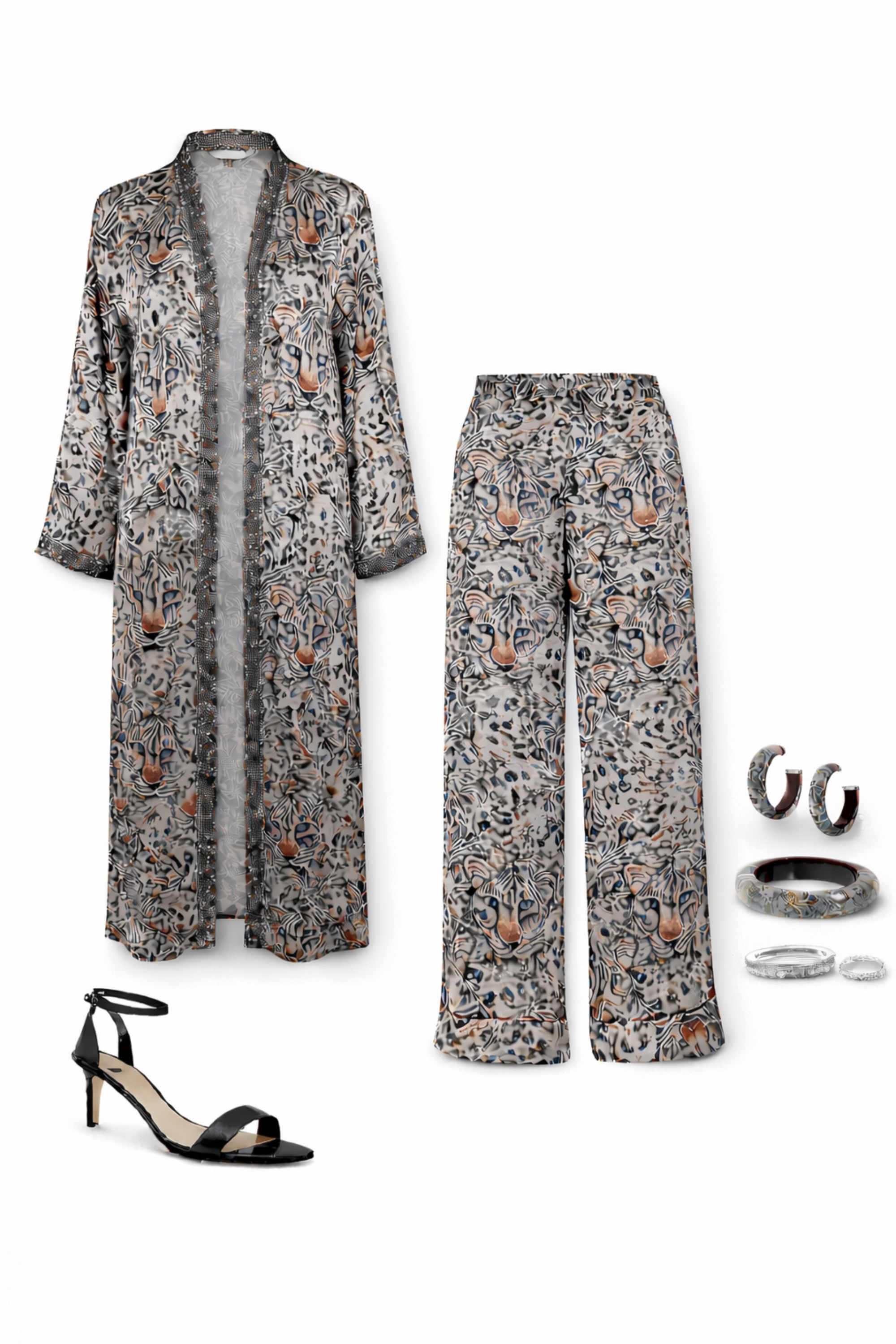 Fashion ensemble featuring a leopard robe, pants, heels, and accessories.