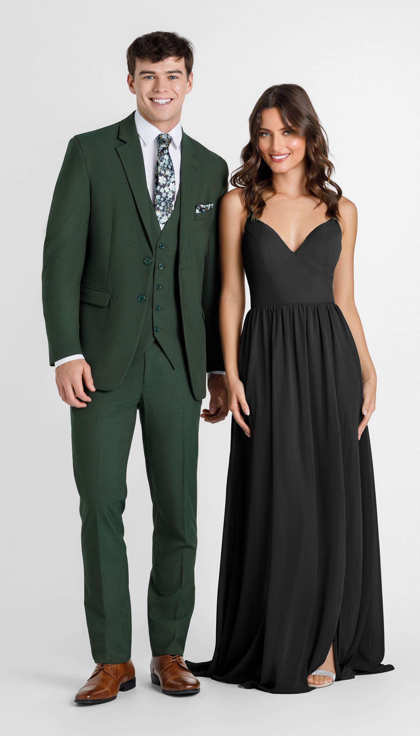 olive green suit with black bridesmaid dress