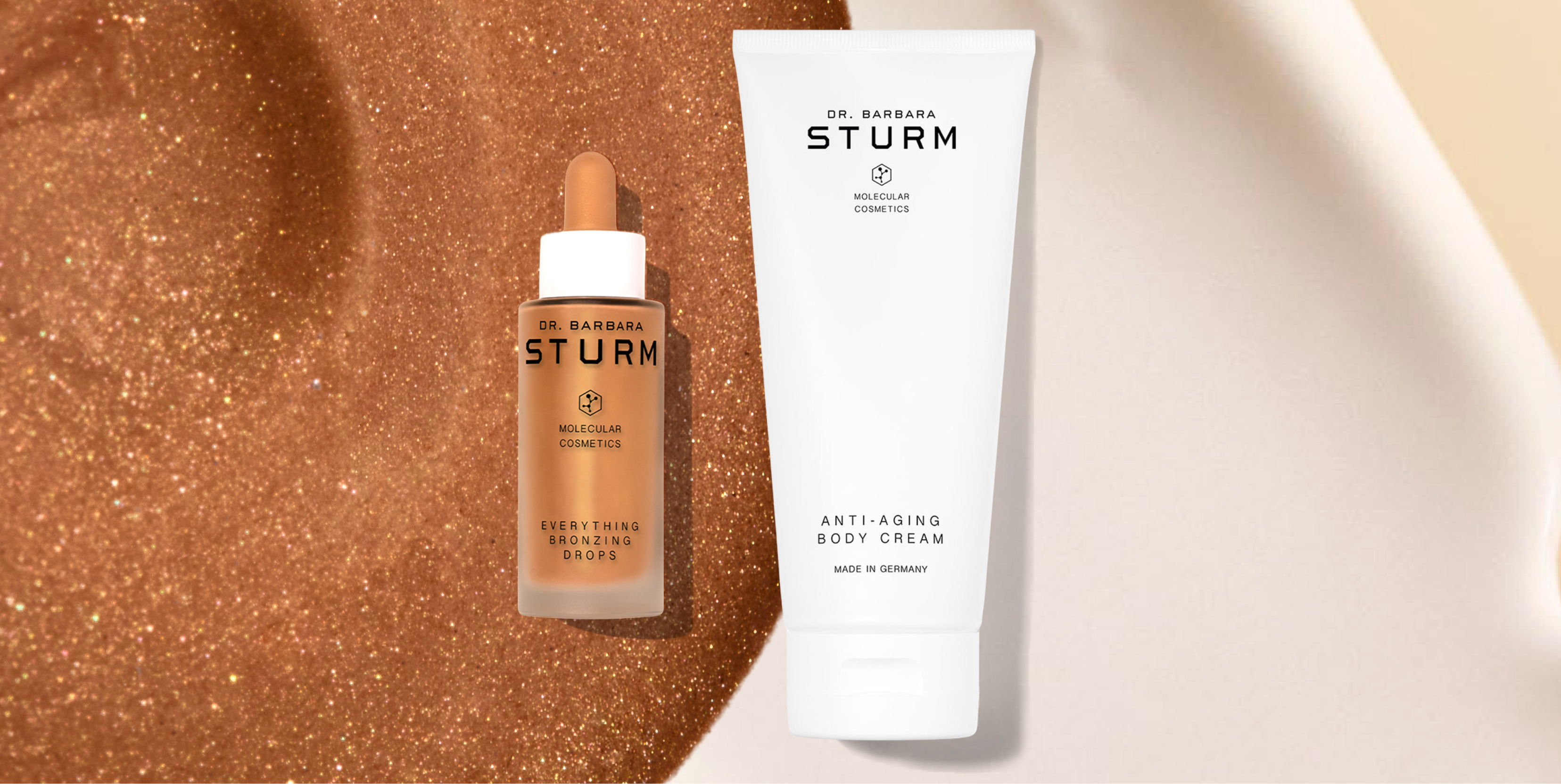 Cosmetic products: a foundation dropper and a cream tube on a textured background.