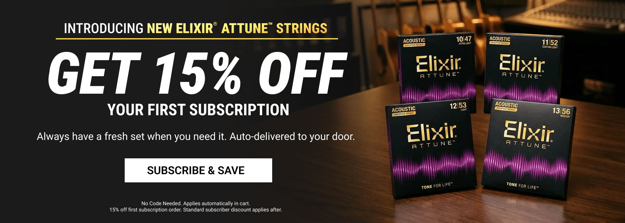 Promotional banner for subscription discount on Elixir Attune products.
