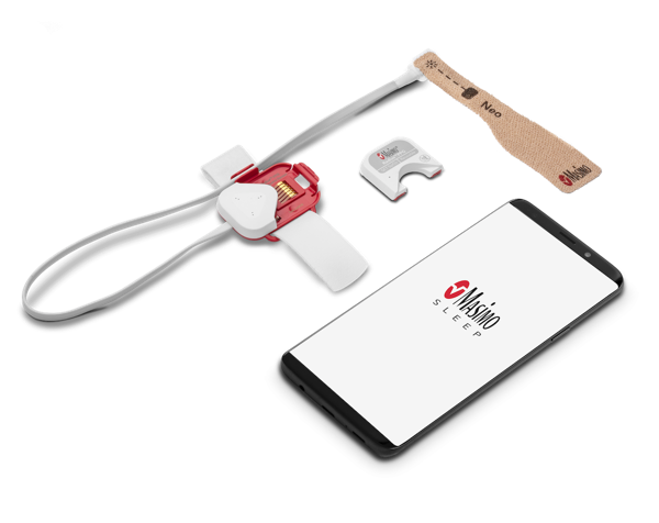 Masimo Sleep Product on white background next to Phone displaying Masimo Sleep app on white background