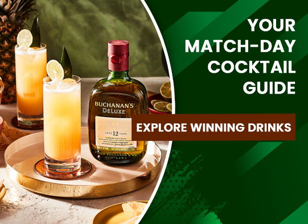 Two cocktails and a bottle on a wooden tray with promotional text.
